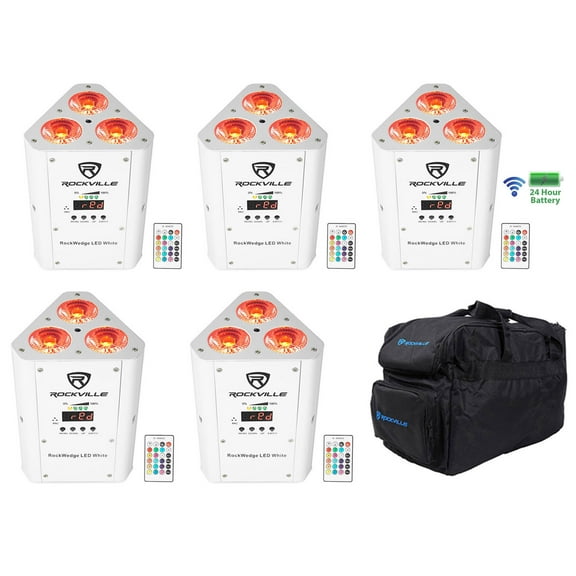 (5) Rockville RockWedge LED White RGBWA UV Rechargeable Wireless DMX Lights Bag
