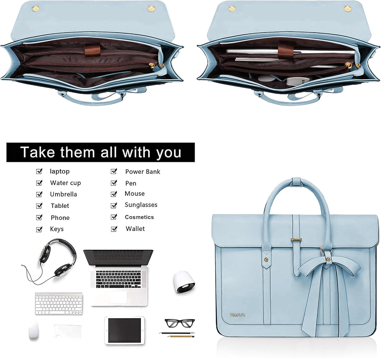 Mosiso Laptop Tote Bag for Women, 13-14 inch PU Leather Shoulder Bag Convertible Backpack, Casual Travel Handbag Office Work Computer Briefcase, Air Blue