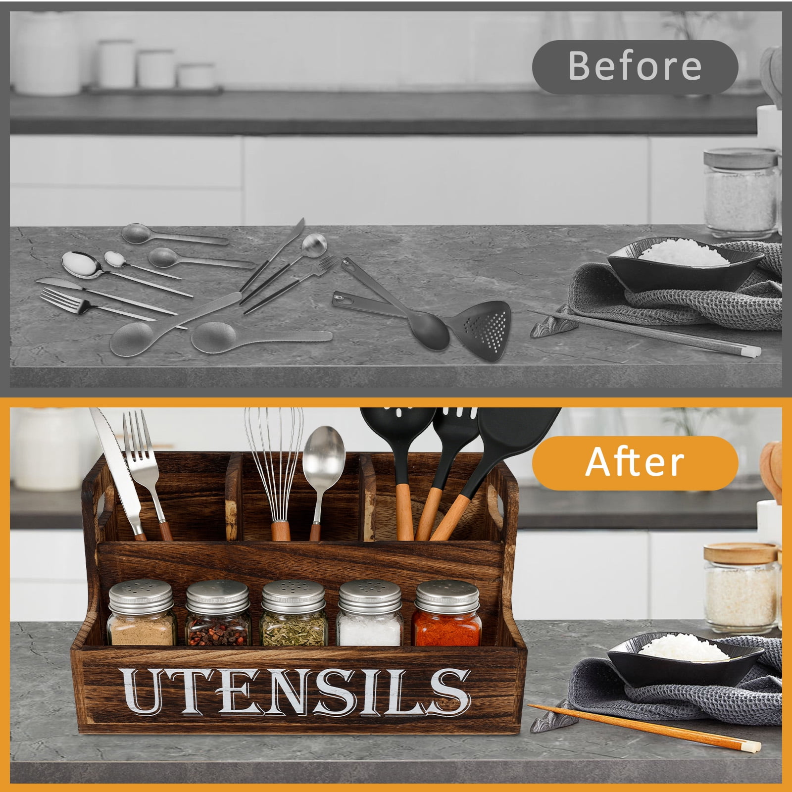 FUYGRCJ Innovation 2 Layers Kitchen Utensil Holder, Extra Large Wooden Utensil Organizer with 4 Compartments, Rustic Cooking Utensil Spatula Caddy for Silverware, Spoons, Cooking Tools Spice Storage