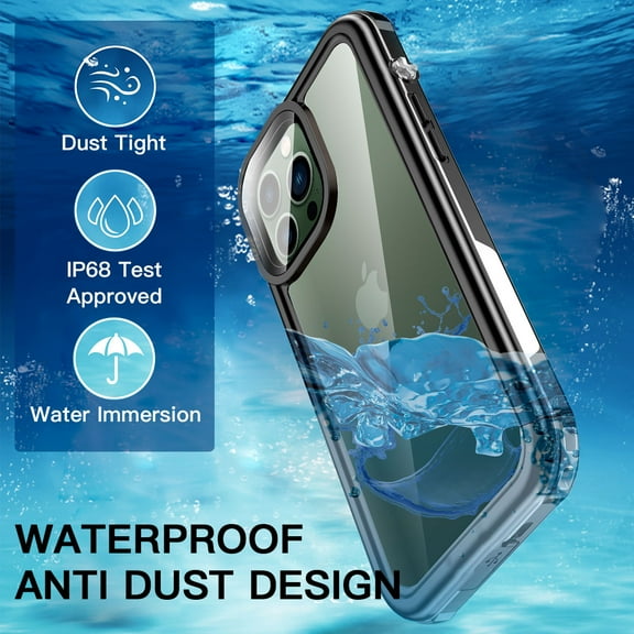 For iPhone 12 Pro Max Case Waterproof,Built-in 9H Tempered Glass Screen Protector [Real 360][IP68 Underwater][Dustproof] - Black/Clear