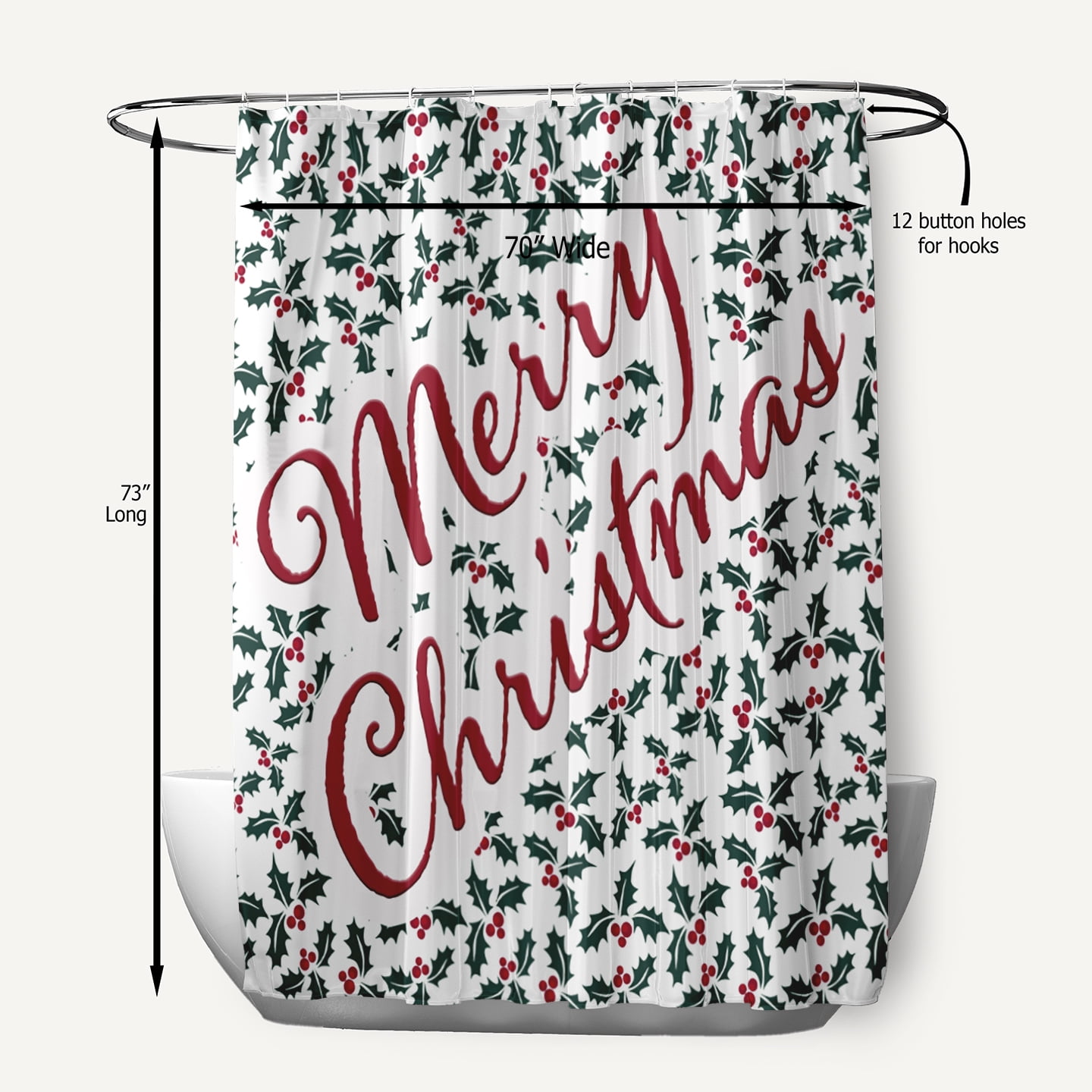 Simply Daisy 70" W x 73" L Merry Christmas with Holly Polyester Shower Curtain, Christmas Green [1 Ct]