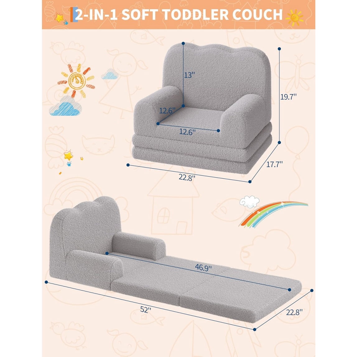 Home Kids Couch, 2-in-1 Convertible Toddler Sofa Chair, Soft Fold Out Couch Lounger for Kids, Comfy Children's Sofa Bed for Playroom