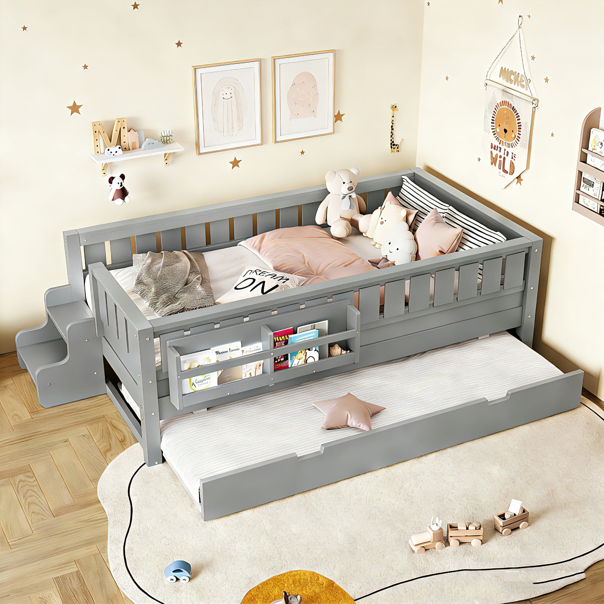 Bellemave Twin Bed with Trundle and Small Stairs, Twin Size Platform Bed Frame with Rail and Bookshelf, Wooden Montessori Floor Bed No Box Spring Needed, Gray