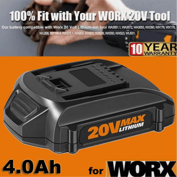 20V 4.0Ah WA3520 Battery Replacement for Worx 20V Lithium Compatible with WG163 WG261 WG170 20 Volt Power Tools Battery