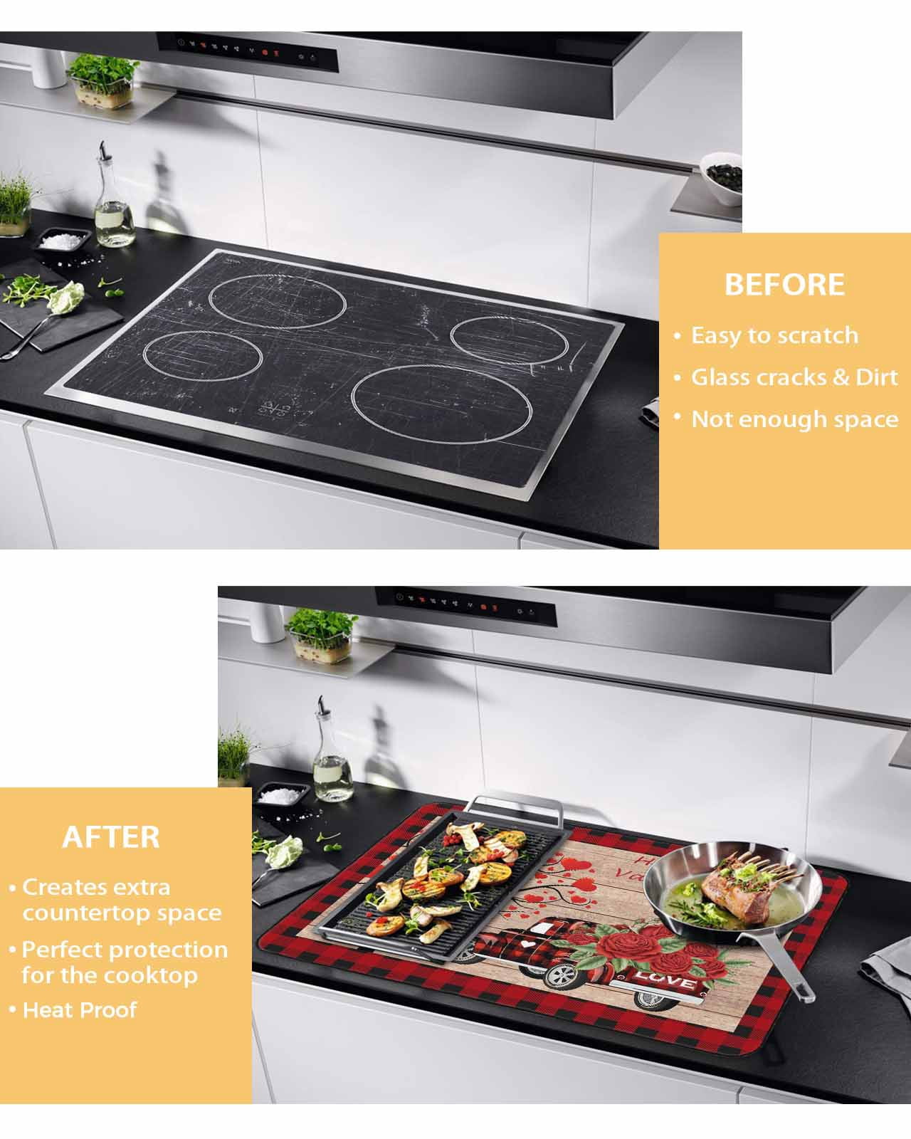 Large Induction Cooktop Protector Mat Roses Valentine's Day Stove Top Covers for Electric Stove, Love Heart Truck Wooden Vintage Decorative Stove Burner Cover Mats, Glass Top Stove Cover