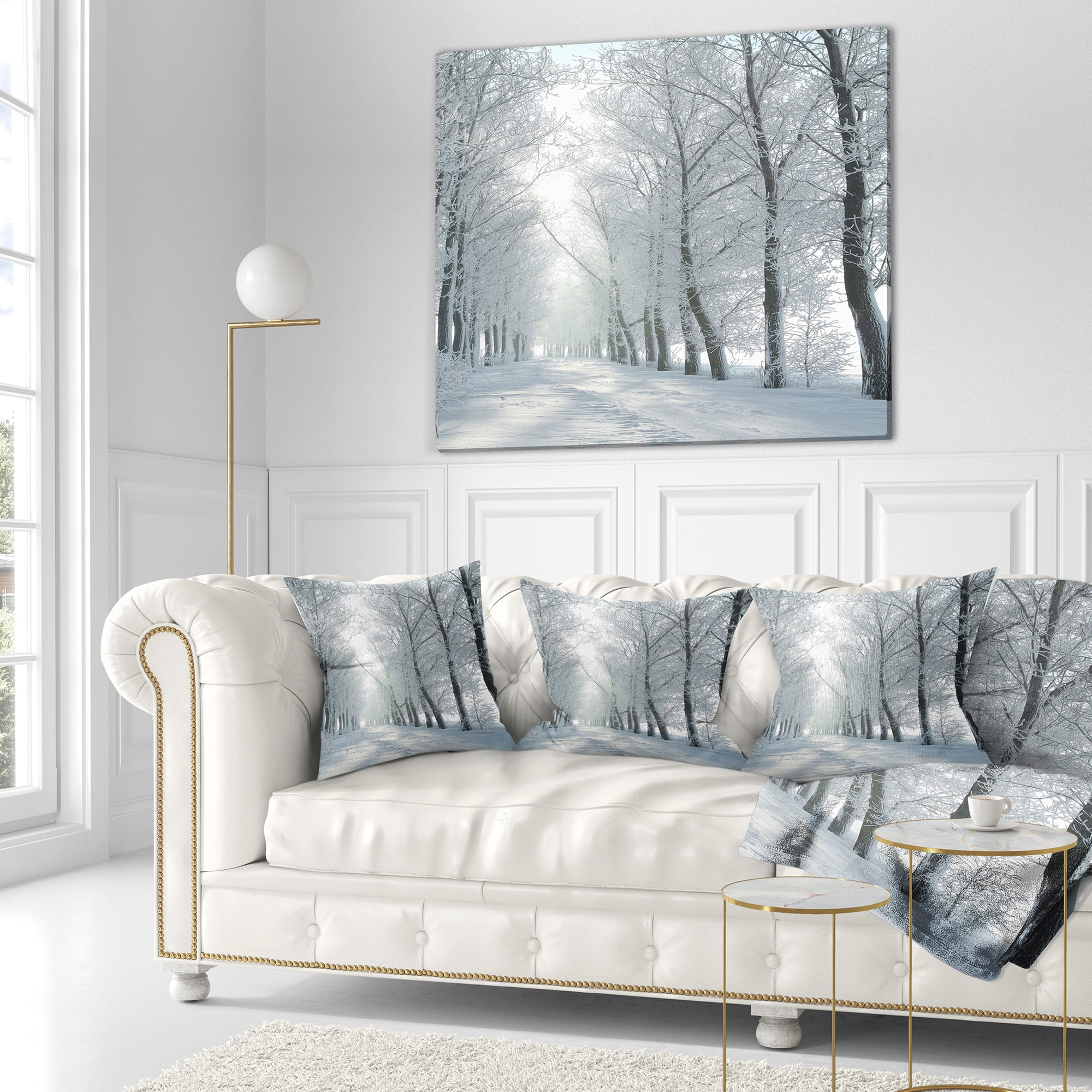 Designart Winter Country Lane on Frosty Morning - Forest Throw Pillow - 18x18