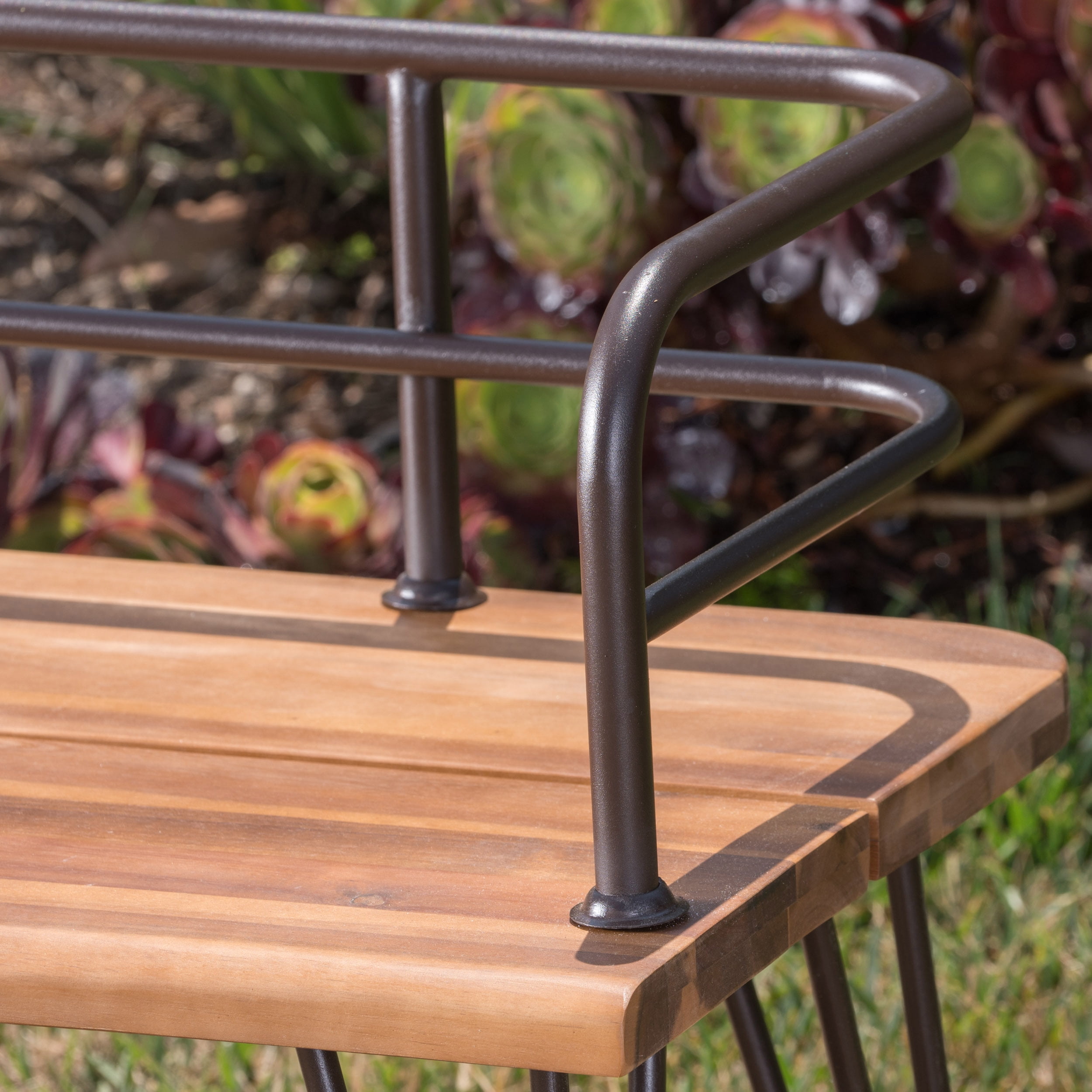 Euroco Rustic Acacia Wood Outdoor Bench with Powder-Coated Iron Frame, Patio Garden Seating