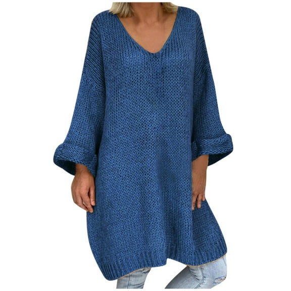 Yoodem Sweaters for Women Christmas Sweater Womens V-neck Loose Knitted Long Sleeve Jumper Sweater Ladies Casual Long Tops Cropped Sweaters for Women Blue XXL
