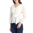 thumbnail image 4 of Allegra K Women's V Neck Swiss Dots Blouse Lantern Sleeve Tie Waist Chiffon Peplum Top L White, 4 of 5