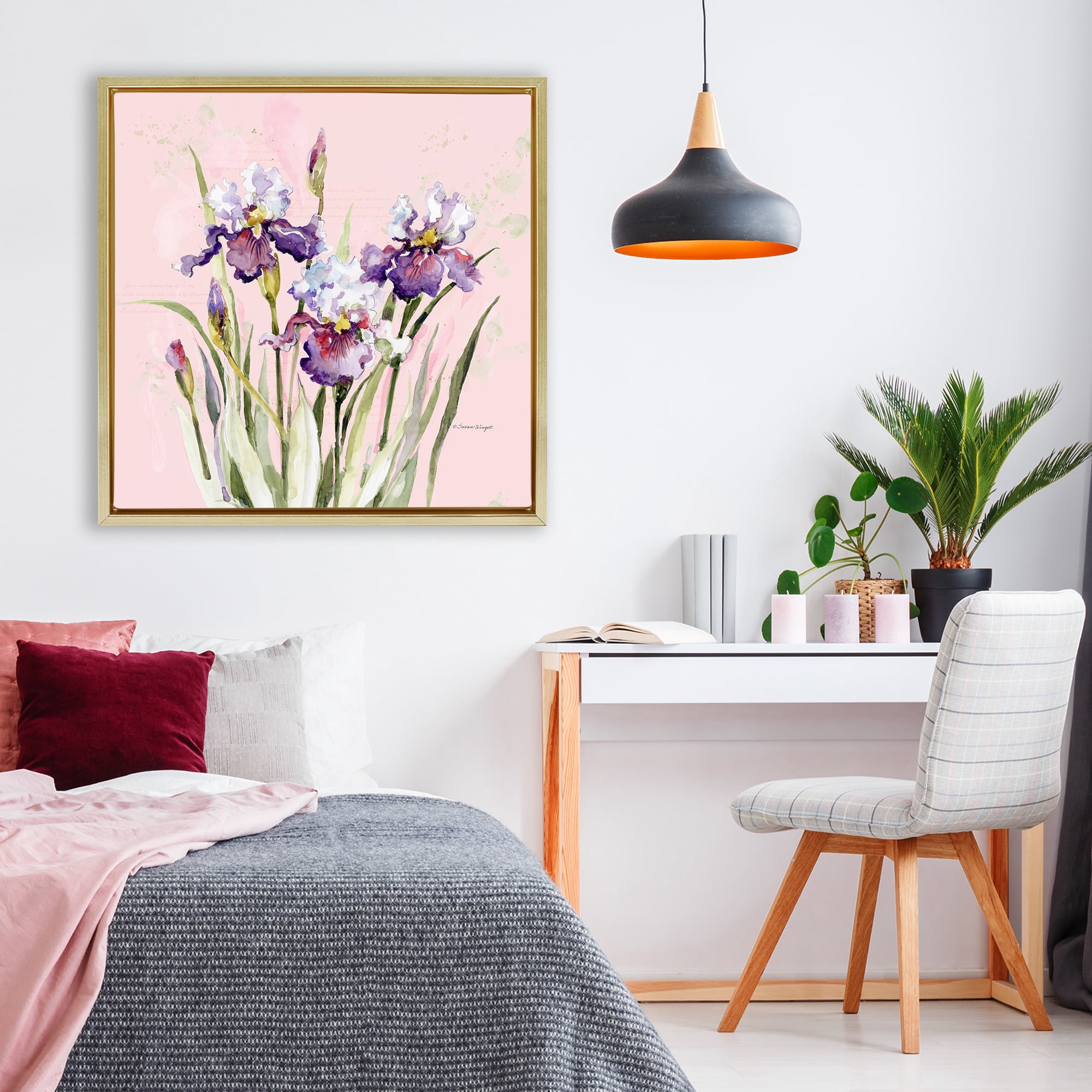 Stupell Industries Purple Irises on Pink Gold Framed Floater Canvas Wall Art, design by Susan Winget