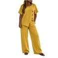 thumbnail image 6 of Two Piece Lounge Sets for Women Fashion Buttons Side Slit Solid Color Round Neck Short Sleeve Tops Elastic Waist Pants Sets Lounge Sets Wide Leg Pants Sets with Pockets, 6 of 7