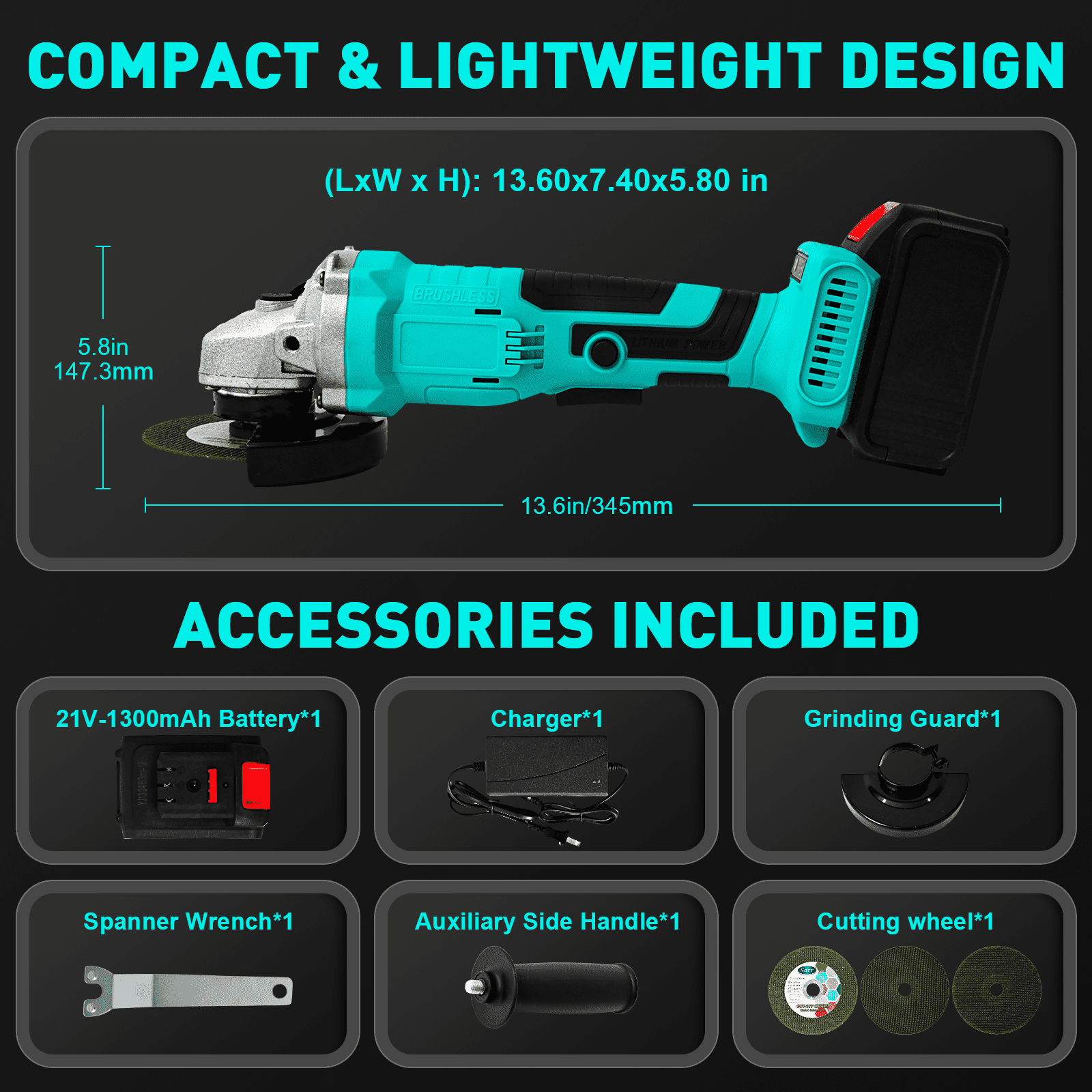 4" 21V 1500mah Electric Cordless Angle Grinder,Angle Grinder Tool Cutting Tool with 1 Batteries,Charger, and 3 Cutting Discs for Cutting, Polishing, Grinding, and Rust Removal