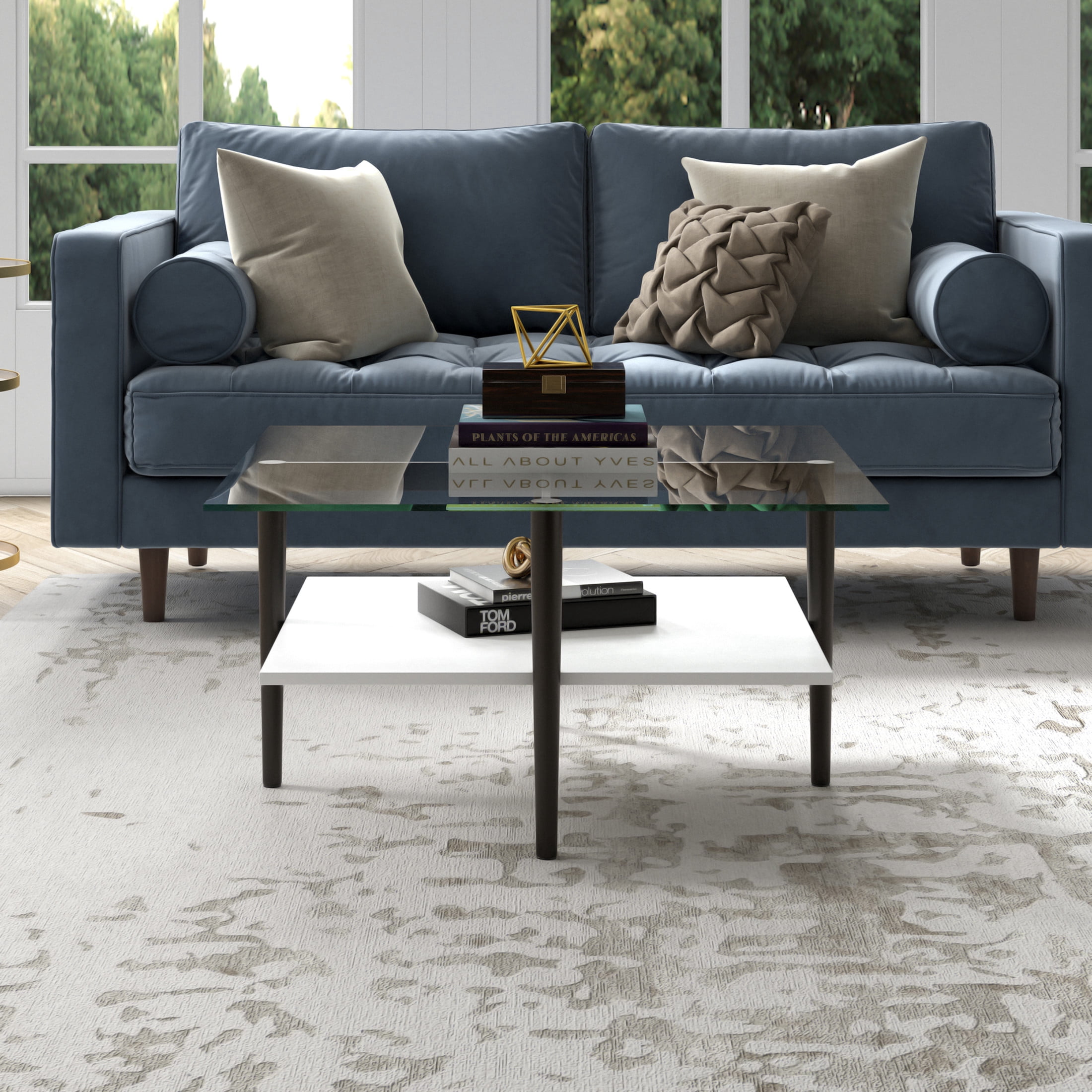 Evelyn&Zoe Otto 32" Wide Square Coffee table with White Lacquer, Blackened Bronze