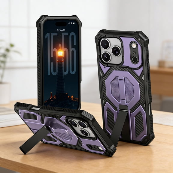 for iPhone 17 Pro Case with Kickstand, Magnetic Car Mount Support, Triple-Layers Rugged Drop Protection Case, Heavy Duty Shockproof Phone Cover with Hidden Bracket for iPhone 17 Pro, Purple