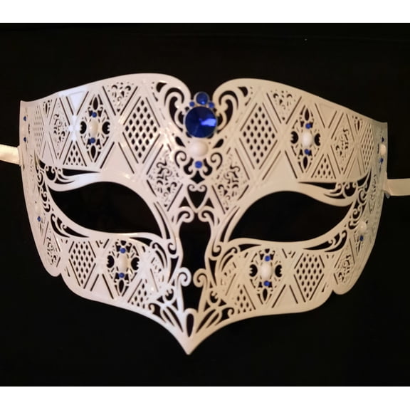 White Blue Men Laser Cut Diamond Design Masquerade Metal Mask