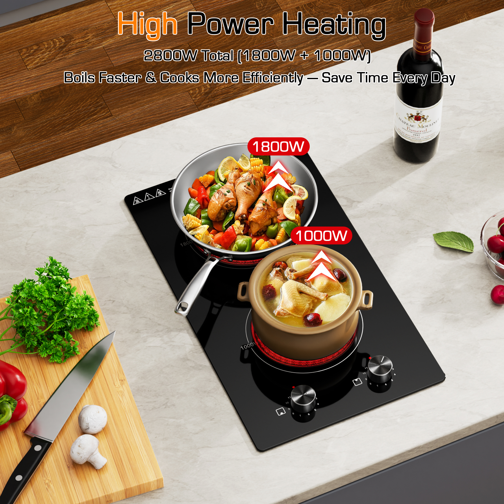 12 Inch 2 Burner Electric Cooktop, 1800W Ceramic Electric Stove Top, 120V Plug-in Radiant Countertop & Built-in Cooktop, 11 Heat Levels, Knob Control, Residual Heat Indicator