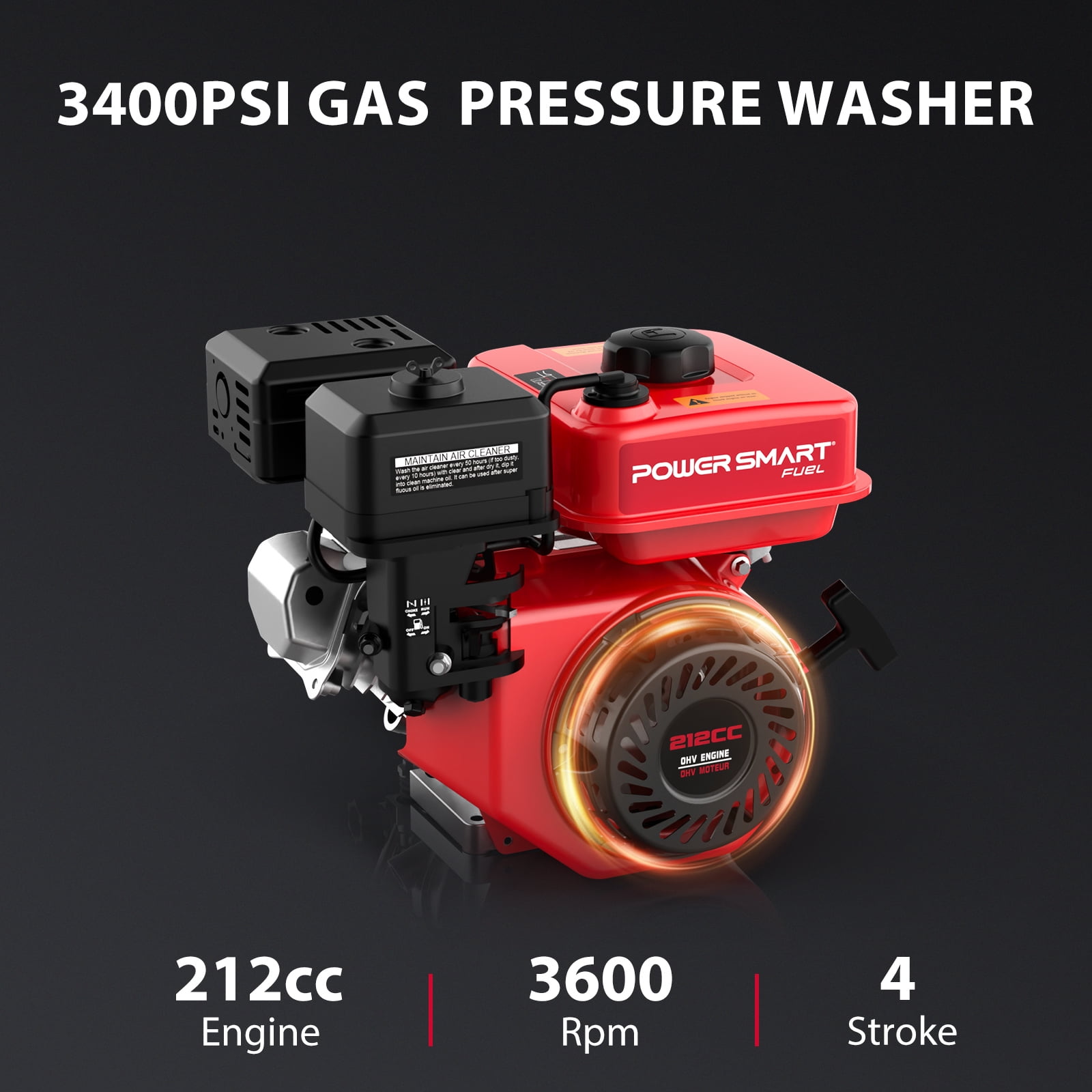 PowerSmart 3400PSI Gas Pressure Washer, 212cc Engine,for Cleaning Walls, Terraces, Vehicles, Gardens