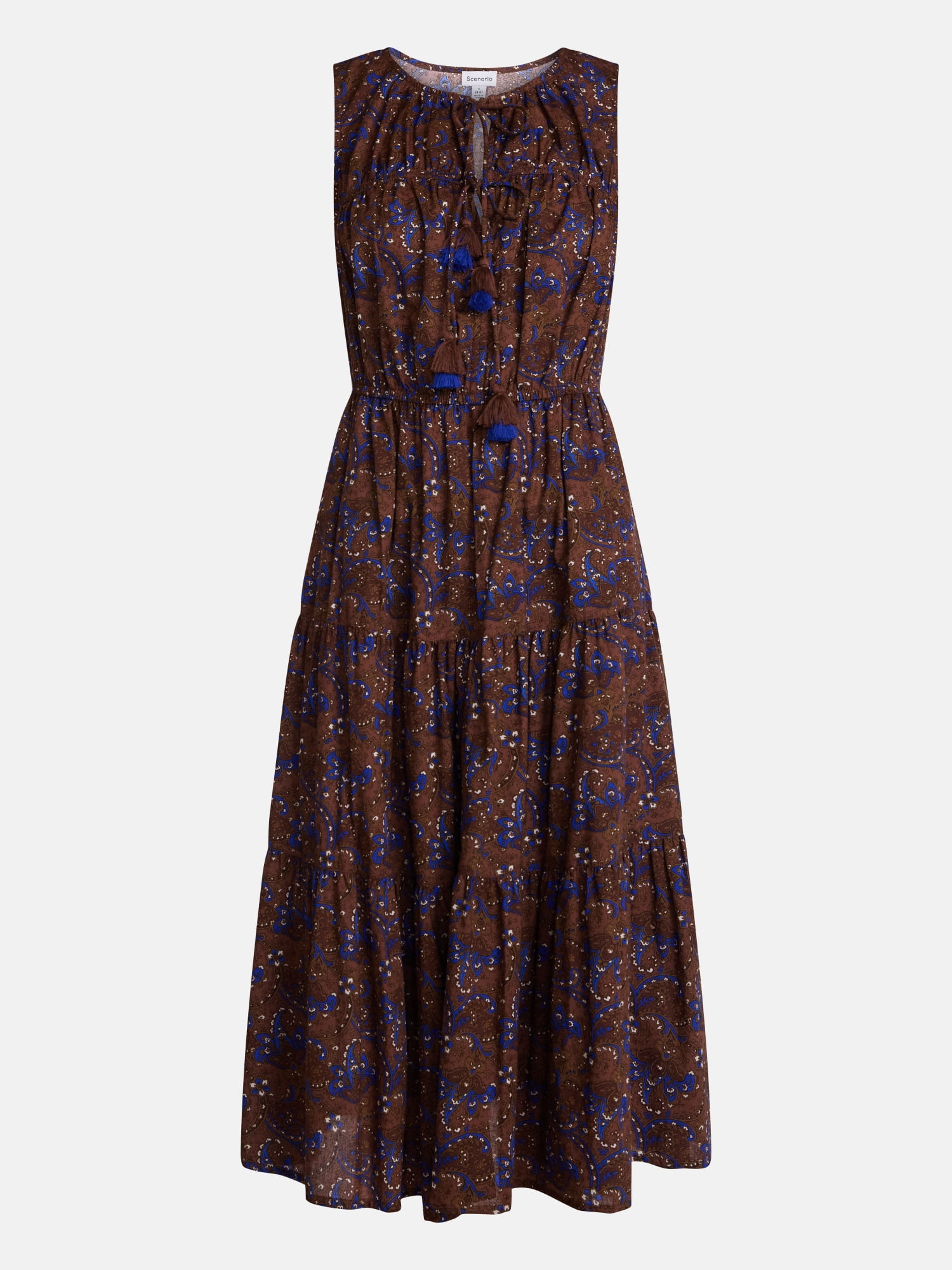 Scenario Women's and Women's Plus Sleeveless Tie Neck Tiered Midi Dress, Sizes XS-4X