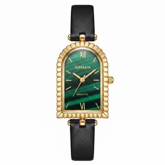 VORSEL Elegant Gold Watch for Women Rectangle Emerald Green Dial Leather Strap 22m