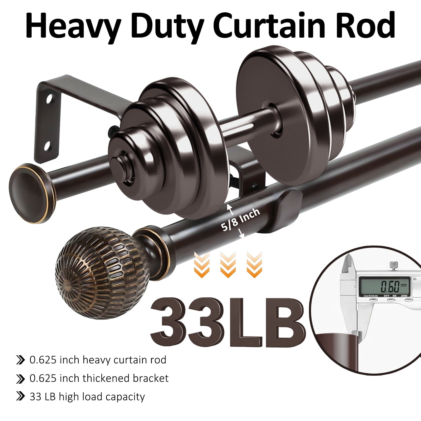 Ridicili 5/8" Telescoping Double Curtain Rods with Reticulated Ball Finials, Bronze Gold, 84"-120", 5/8 Inches Front and 1/2 Inches Back Double Window Drapery Rod