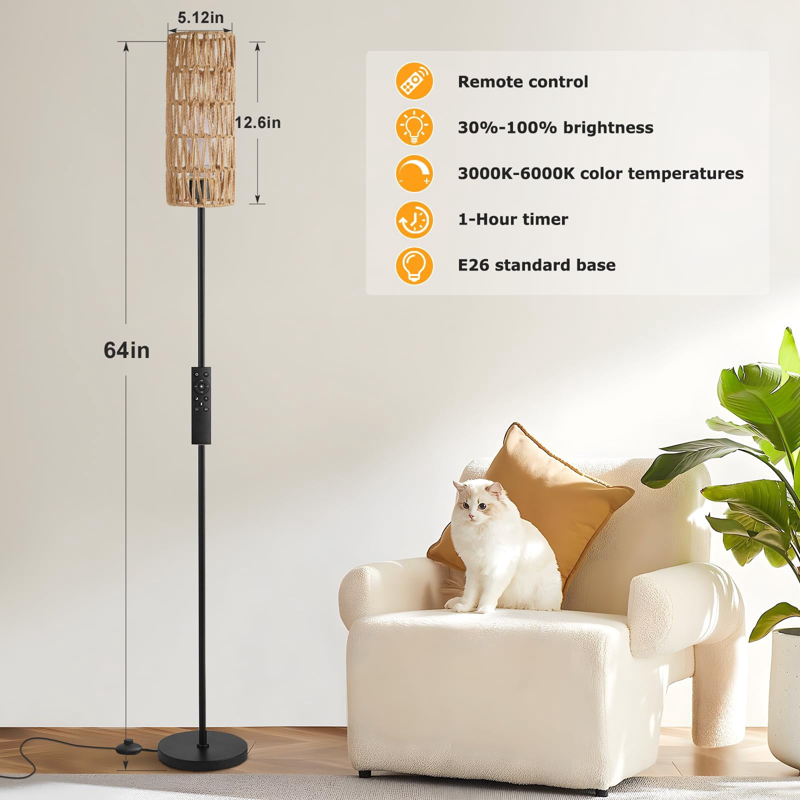 Floor Lamps for Living Room, 64" Modern Floor Lamp with Remote Control and Stepless Dimmable Colors Temperature & Brightness, Standing Lamps for Living Room Bedroom Office, 9W Bulb Included