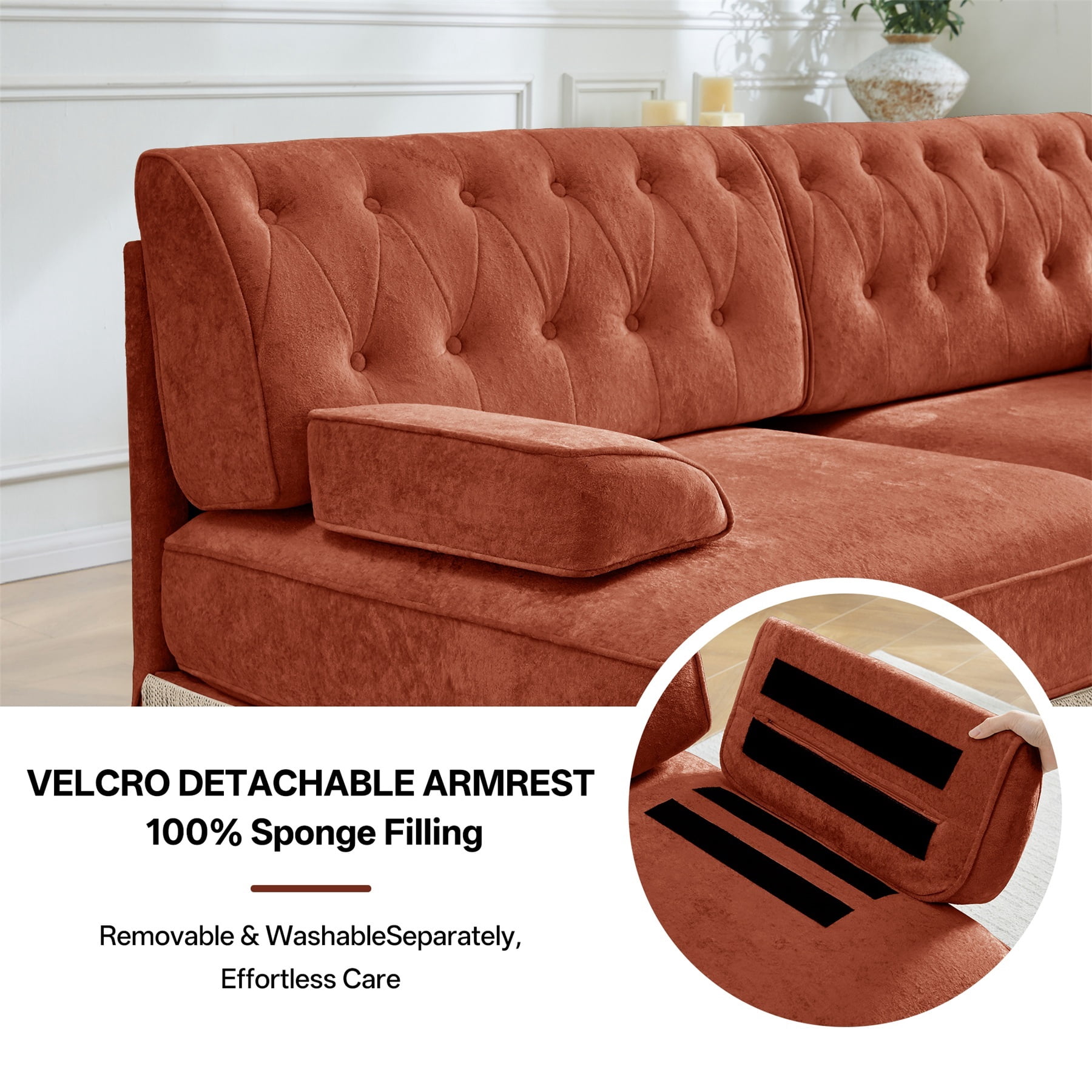 Alvantor L-Shaped Sectional Sofa 3-Seater Cloud Couch with Tassel Skirt,Button Tufted and Wooden Base for Living Room, Easy Assembly Red Brown