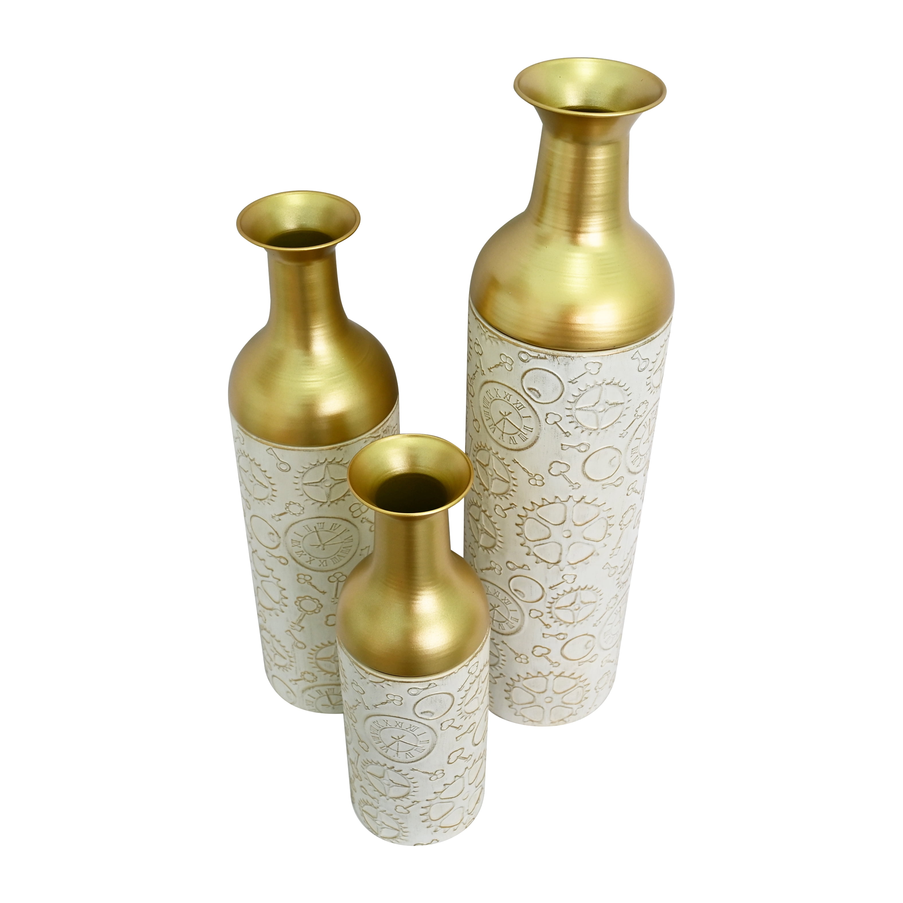 Metal Floor Vases Set of 3 with Leaf Pattern, Tall Decorative Vases and Home Decor Accents for Living Room Entryway, Antique White and Gold