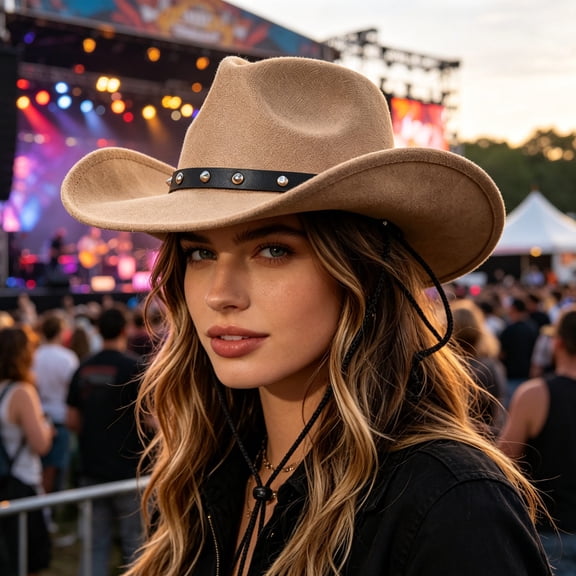Western Cowboy Hat Wide Brim Felt Style Sun Protection Hat with Windproof Strap for Men Women Outdoor Travel