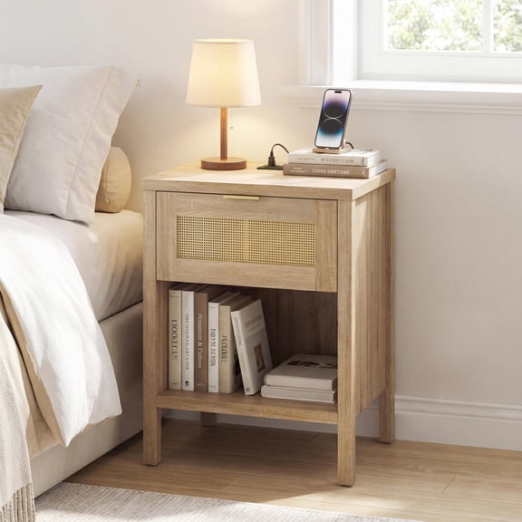 Rattan Nightstand with Charging Station, Storage Shelf, Drawer, and Back Cable Hole for Bedroom