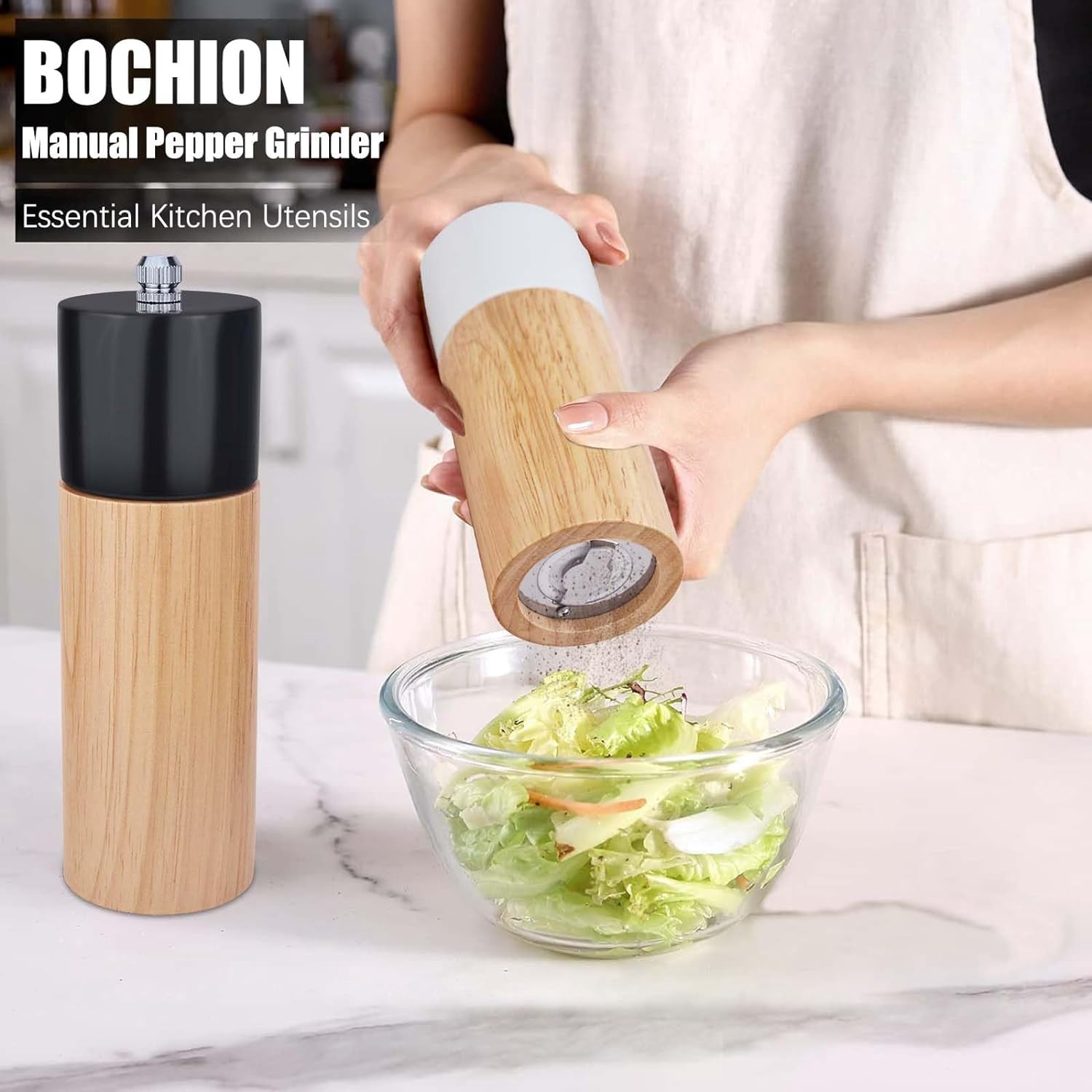 2 Pack Salt and Pepper Mill Set, Wooden Pepper Grinder Salt Shaker with Adjustable Ceramic Rotor, Manual Pepper Mills Grinders Refillable for Spice/Chili/Sesame, (Black+White)