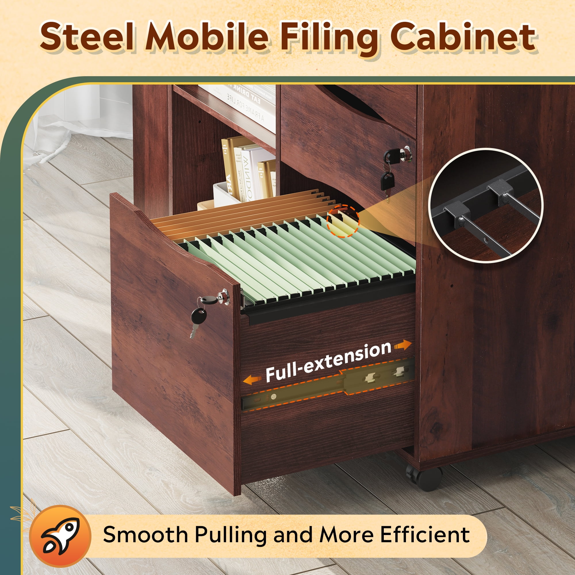 GALAXHERO Wood File Cabinet with 3 Drawers, Open Storage Shelves, Rolling Printer Stand with Charging Station for Home Office, Brown Oak