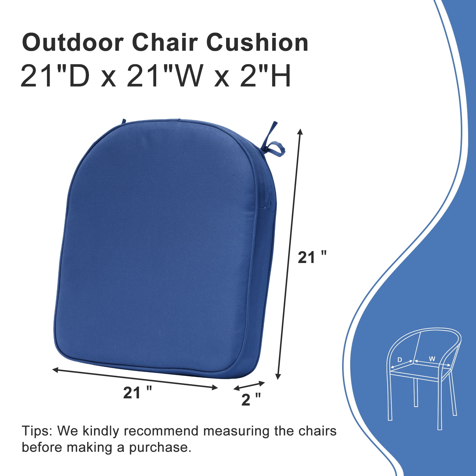 Aoodor Outdoor Chair Cushion W21'' x D21'', Fade-resistant Polyester Chair Pads with Invisible Zipper & Adjustable Ties, Navy Blue, Set of 4