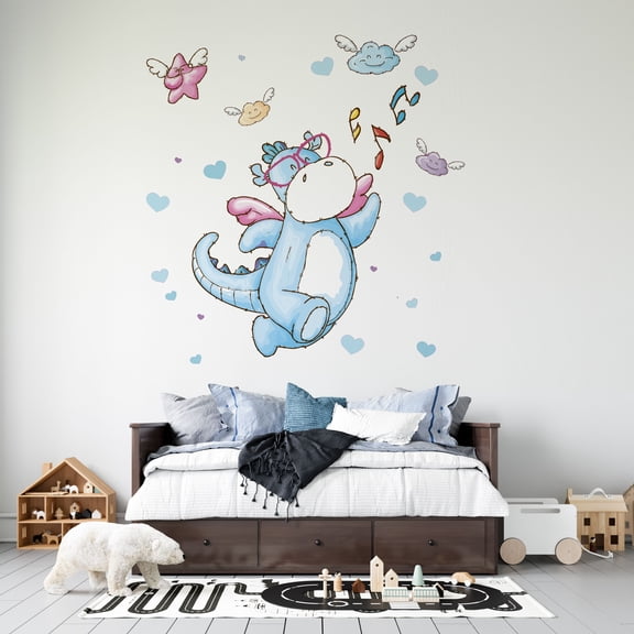 Vinyl Kids Bedroom Nursery Singing Flying Baby Dragon Adhesive Wall Decal - 20 Inches x 20 Inches Home Watercolor Art Clouds Hearts Decorative Design Removable Sticker Decoration - Multicolor