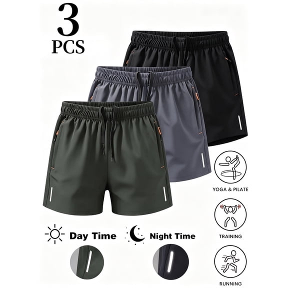 3-Pack Women Quick-Dry Athletic Shorts, Elastic Drawstring Workout Shorts with Zipper Pockets And Reflective Strip
