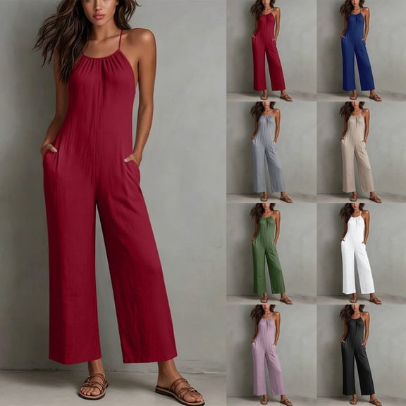 Women's Solid‑Color Spaghetti Strap Wide‑Leg Jumpsuit Front Tie V‑Neck Back Zipper Loose‑Fit One‑Piece Pants with Side Pockets Wine XL(XL)