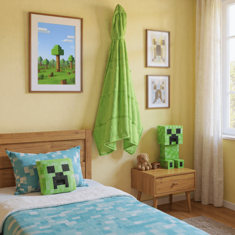 Minecraft Creeper Kids Hooded Silk Touch Throw Blanket, Polyester Faux Fur, Green, Mojang, 54" x 40"