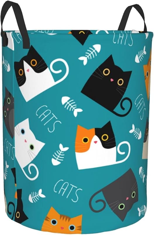 Cute Funny Cats Round Laundry Hamper Storage Basket Toys Clothes Organizer Bin For Home Bathroom Bedroom Dorm Nursery