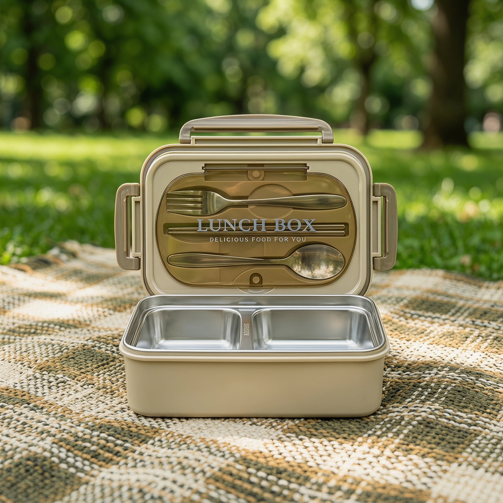 Unique Bargains 3-Compartment Leak-Proof  Lunch Bento Box with Utensils Khaki-2