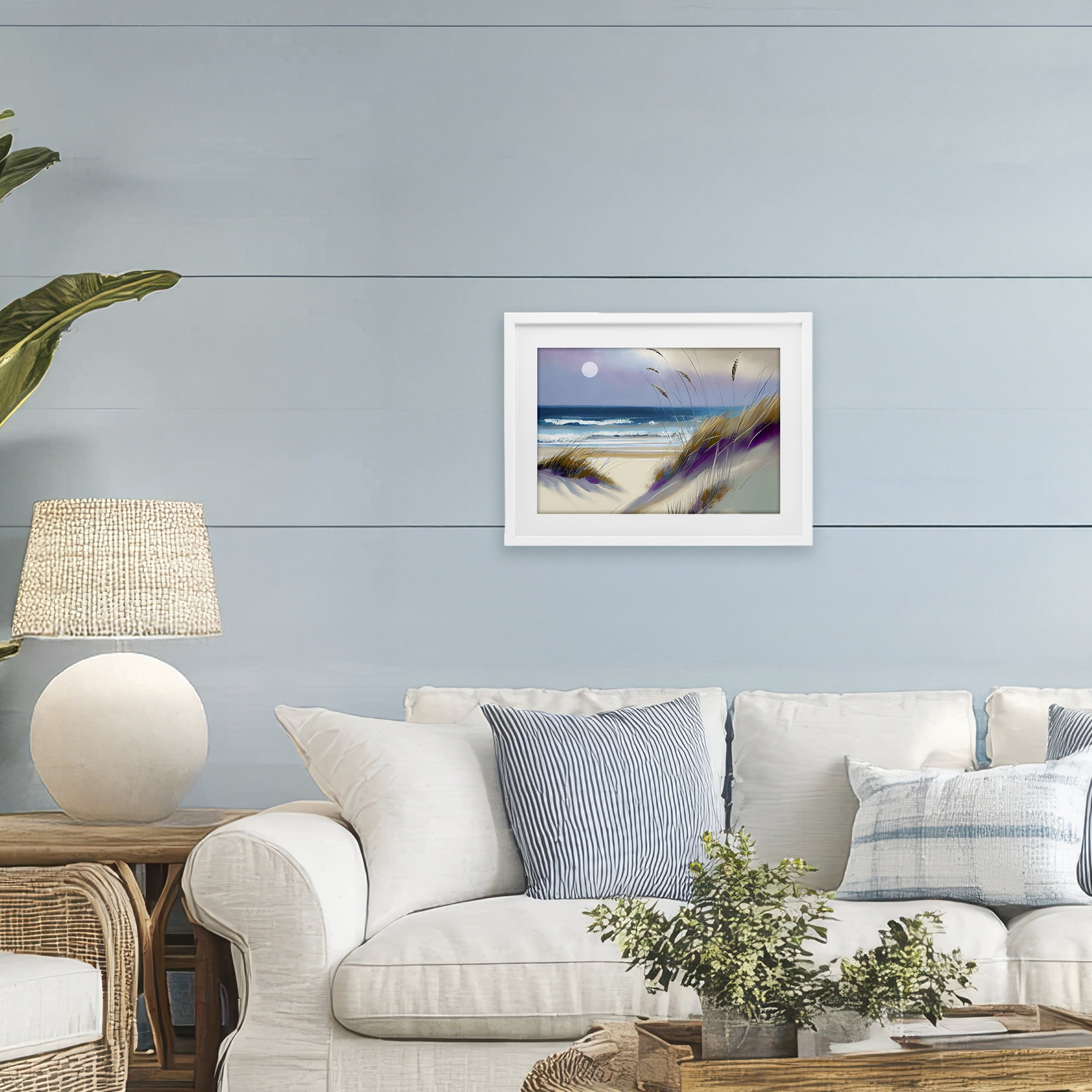 Beach Dunes Serenity White Framed Print Under Glass, design by Sasha