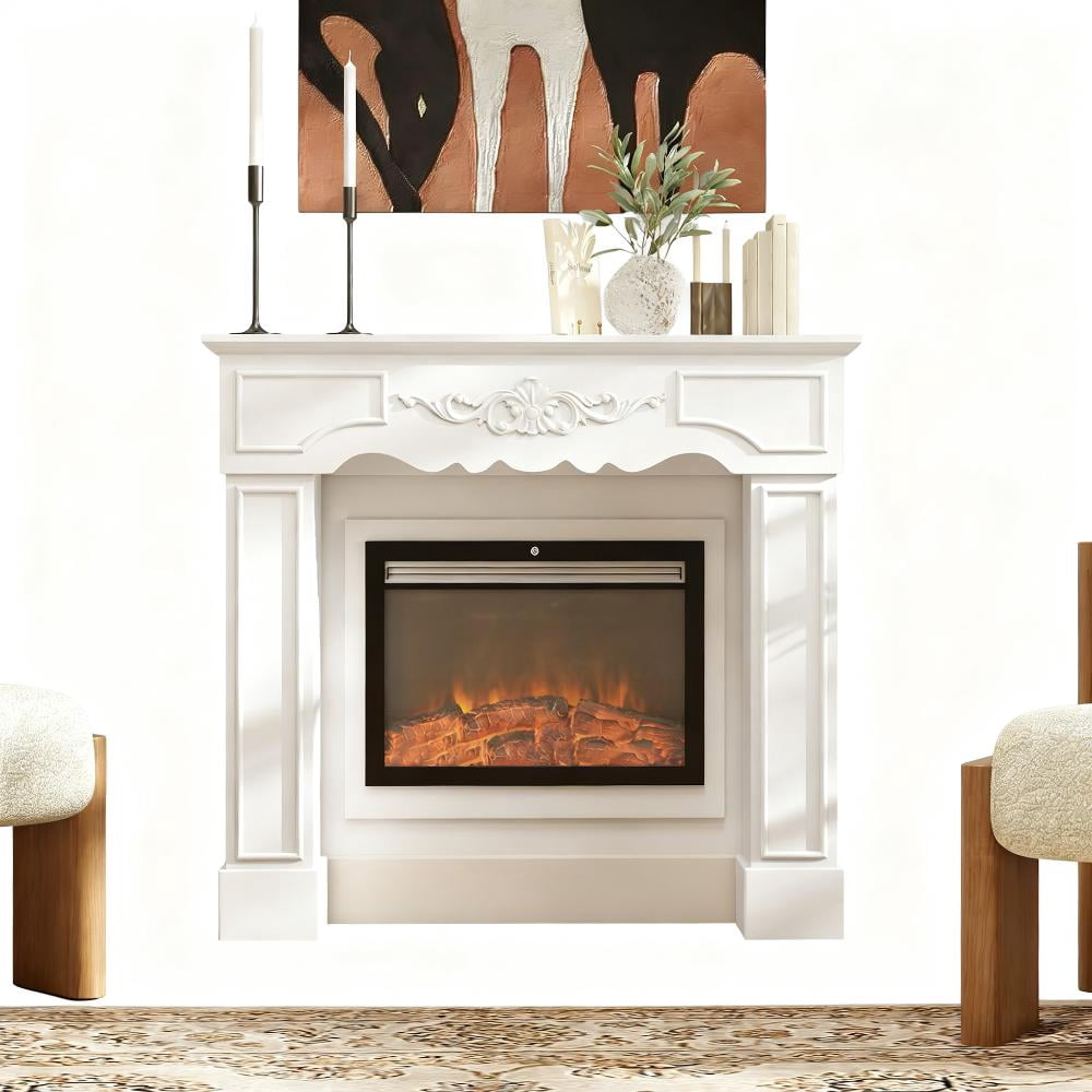 LiviNest Fireplace Mantel for Electric Fireplaces: Baroque Style Freestanding Surround - White Painted Fir Wood & MDF Construction for Historic Home Restoration with Anti-Tipping Kit & Decorative Top
