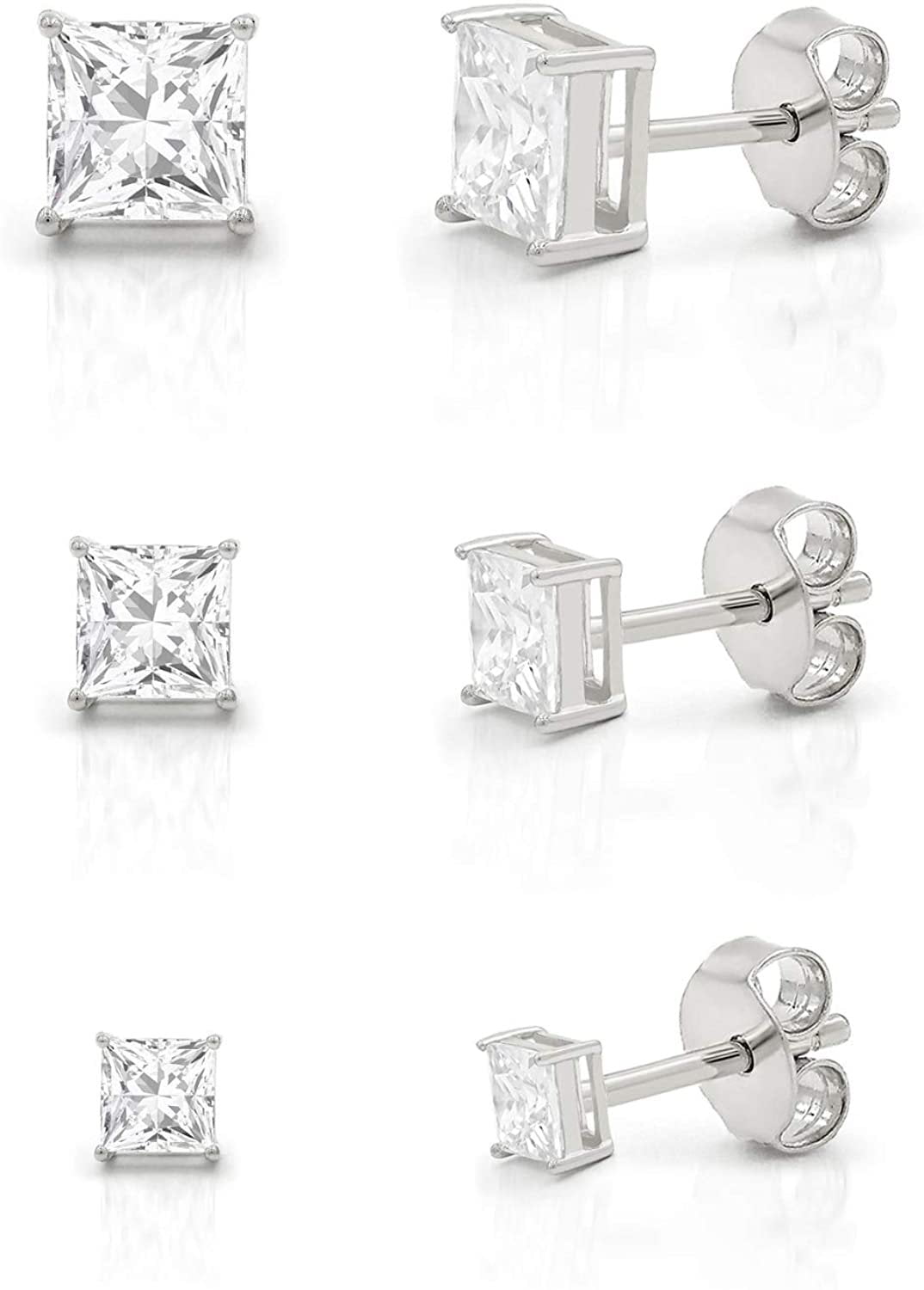 10 Pair Set Sterling Silver Cubic Zirconia Square Black Earrings Studs 7 mm Princess cut 4 carat/pair