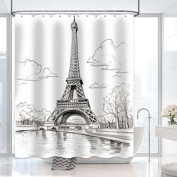 Eiffel Tower Shower Curtain Paris Shower Curtains for Bathroom Retro Hand-Painted Sketch Style France Scenery Decor Set with 12 Hooks 72x72 inches (B)
