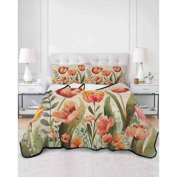 Quilts Twin Size, Burnt Orange Spring Floral Soft Comforter Bedding Set for Bed, Summer Botanical Tulip Vintage Lightweight Quilted Bedspread with Pillow Cover(2 Pieces) for All Season, 68x86 Inch
