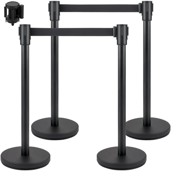 VEVOR Crowd Control Stanchion, Set of 4 Pieces Stanchion Set, Stanchion Set with 6.6 ft/2 m Black Retractable Belt, Black Crowd Control Barrier with Concrete and Metal Base - Easy Connect Assembly