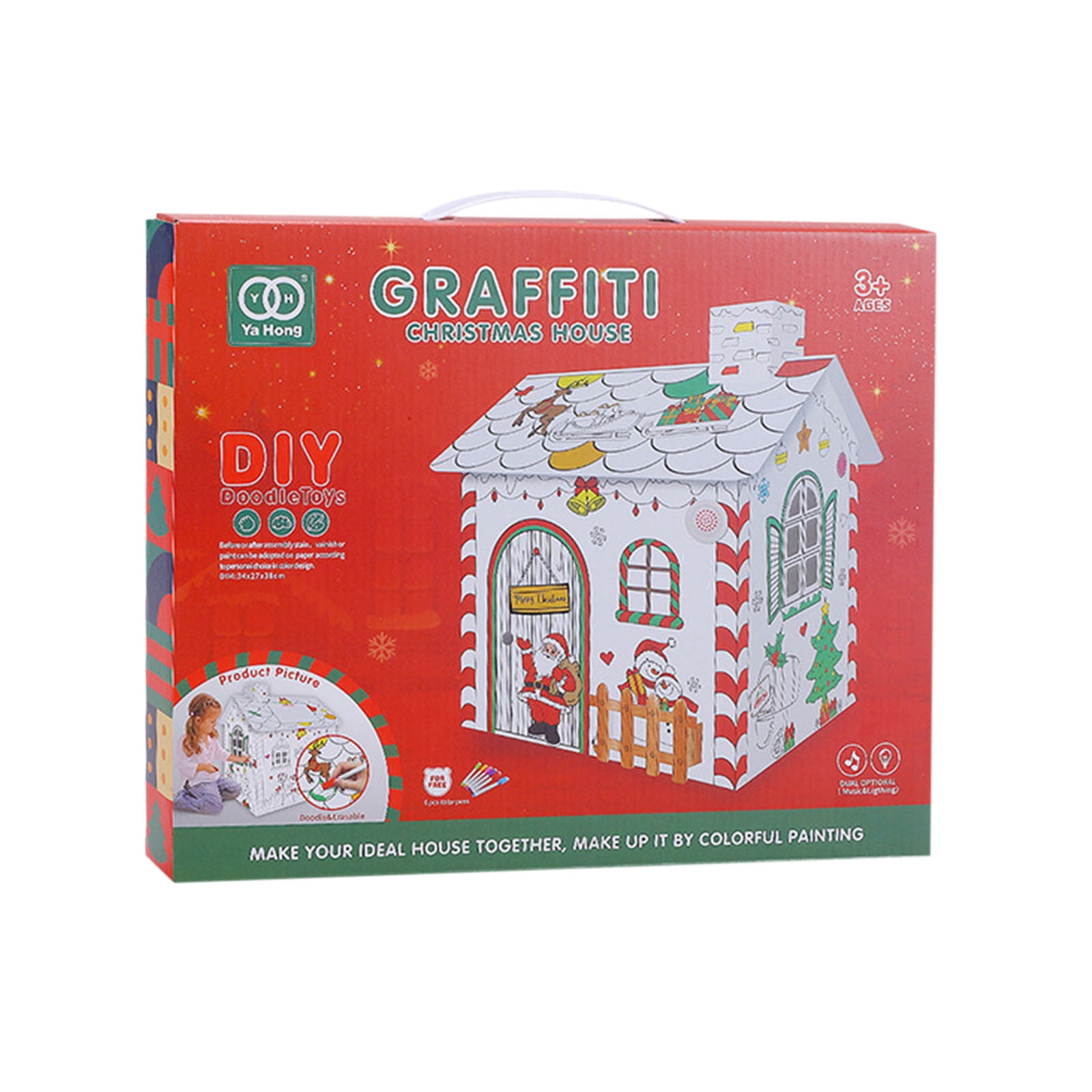 LED Light Up Cardboard Playhouse, DIY Coloring Christmas Cottage with Music, Foldable Paintable Craft Kit for Kids, Complete Art Project with Watercolor Brushes, Interactive Creative Building