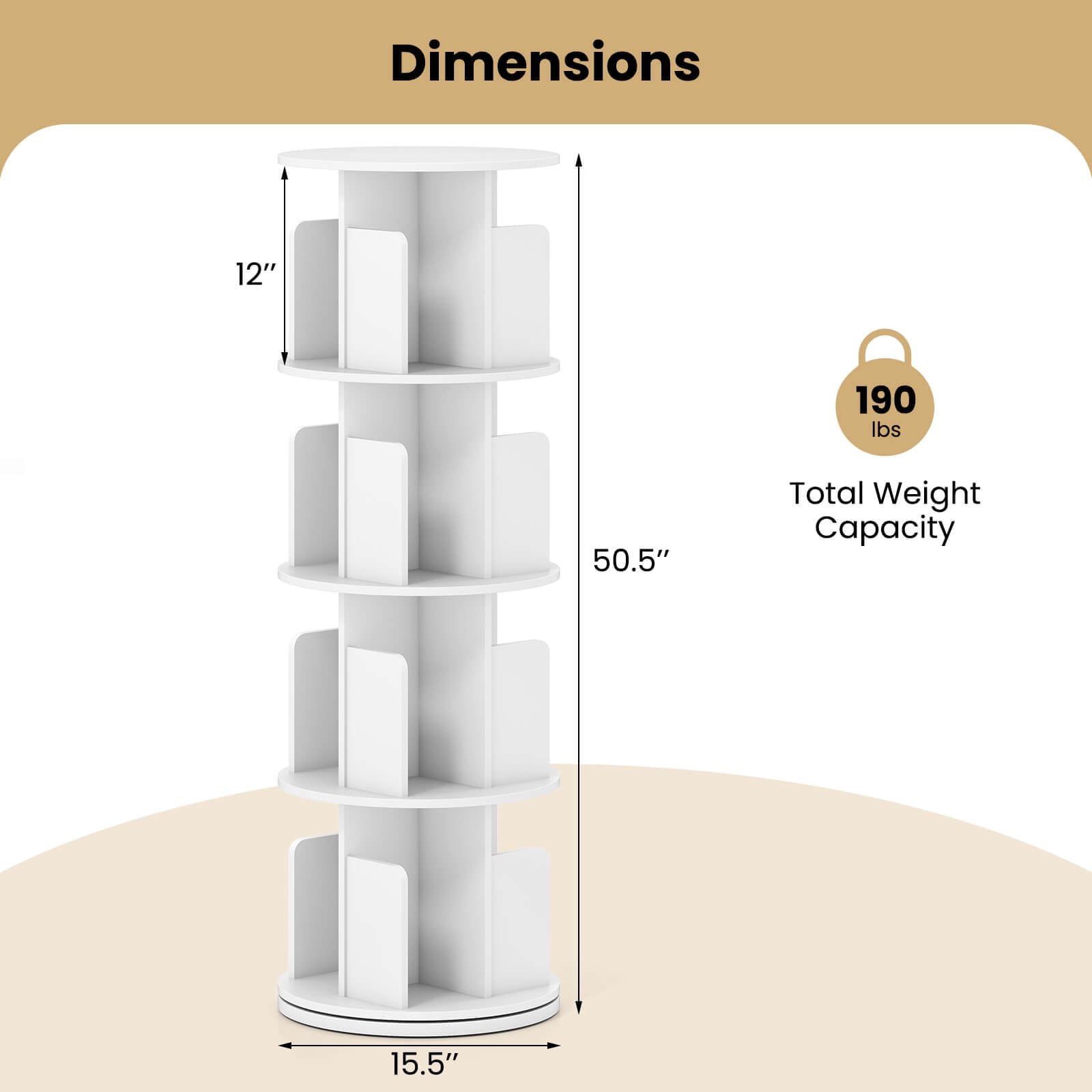 Costway 1 PCS 4-Tier Rotating Bookshelf 360° Display Rack with Dividers & Anti-falling Baffles White