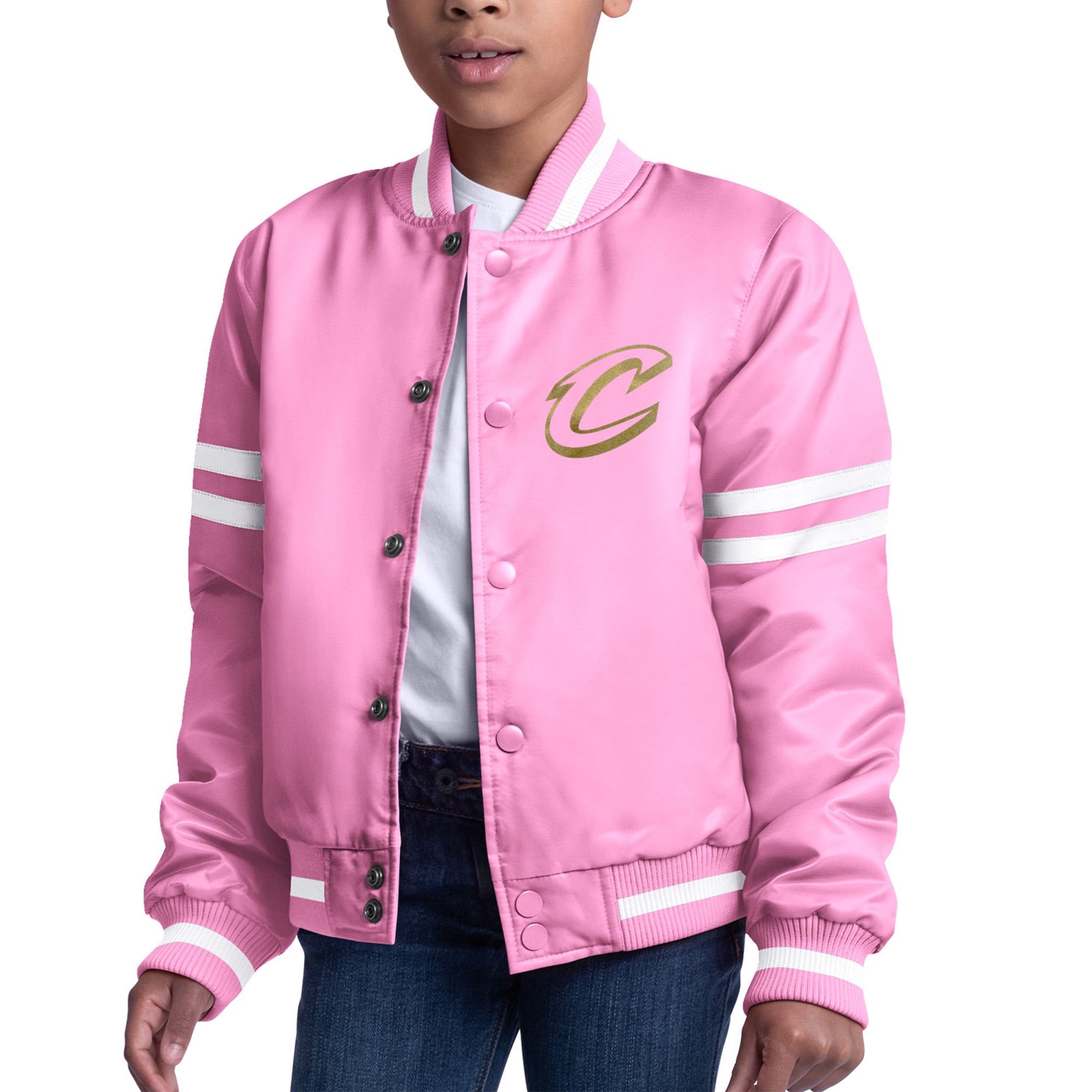 Girls Youth Starter Pink Cleveland Cavaliers Fashion Script Full-Snap Varsity Jacket