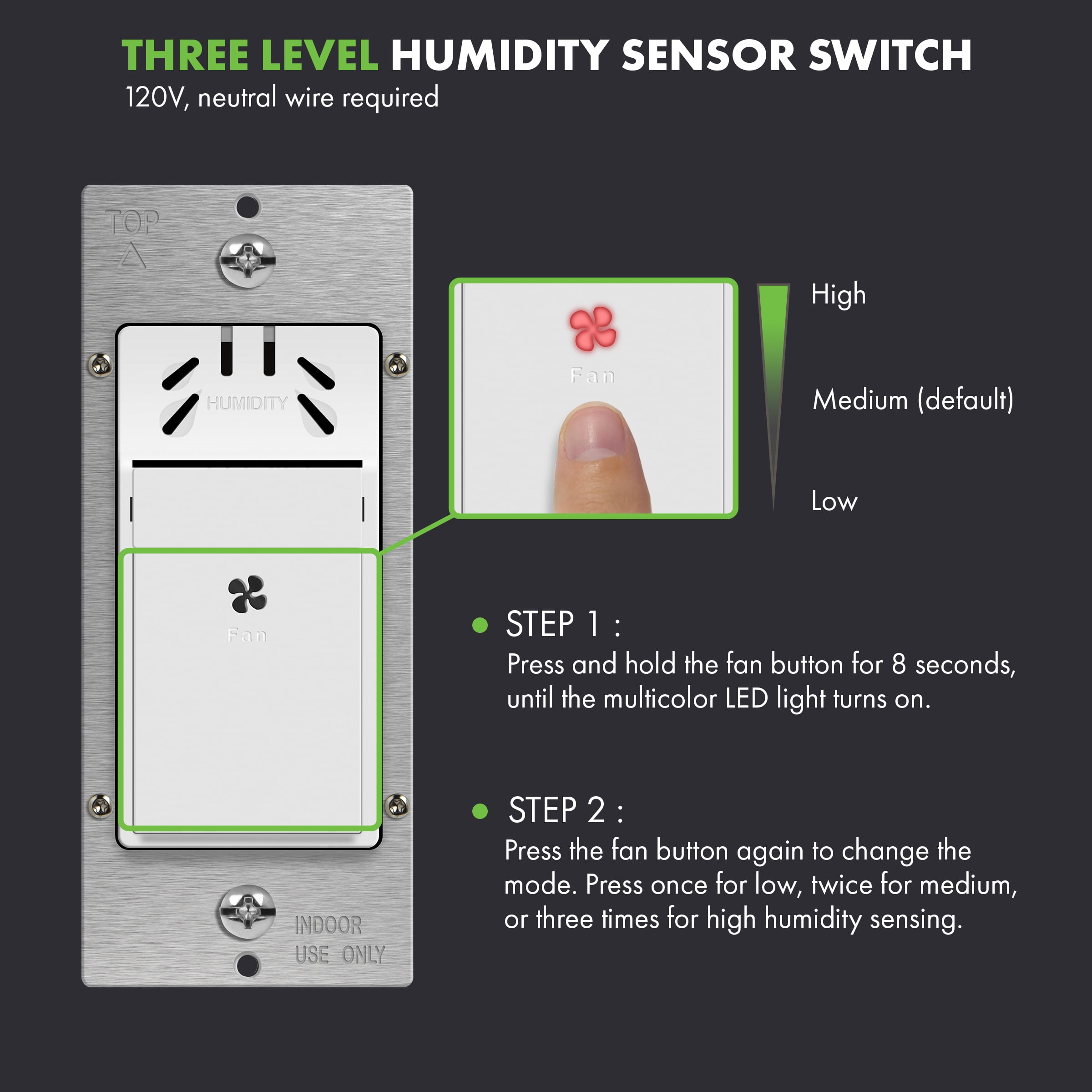 TOPGREENER Humidity Sensor Switch for Ventilation Fan, Air Moisture Detection, Bathroom Automated Control, Adjustable Timing, Neutral Wire Required, White