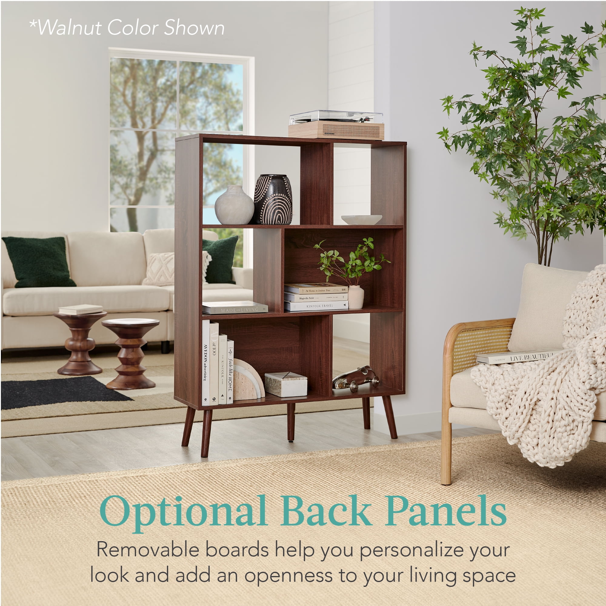Best Choice Products 3-Tier Mid-Century Modern Wooden Bookcase w/ Removable Back Panels, Offset Pine Legs - Gray