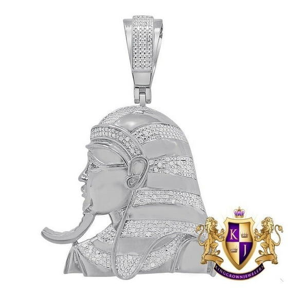 Real Genuine Diamond 10K White Gold Over Egyptian King Tut Pharaoh Custom Pendent Charm 2.25''